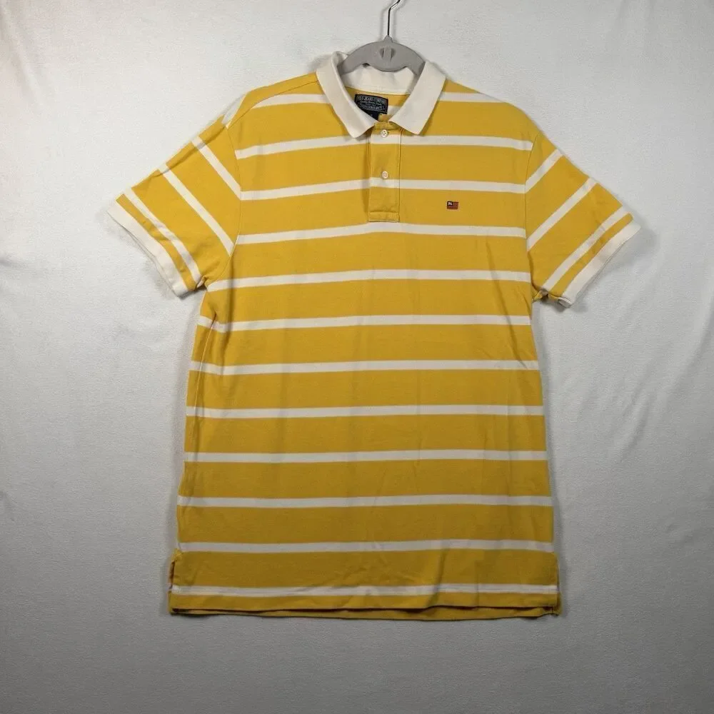 Polo Jeans Co Ralph Lauren Polo Shirt Mens L Yellow White Striped RL Flag Logo